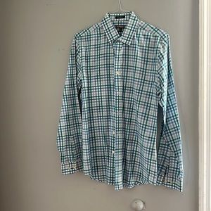 Express Men’s button up plaid white shirt with blue and green stripes. large